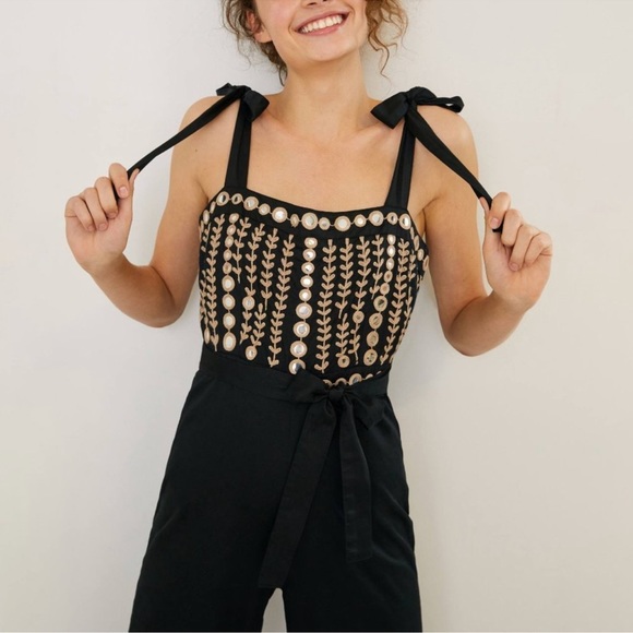 Anthropologie Raga Natasha Black Cotton Mirrored Jumpsuit Size Medium - Picture 16 of 16